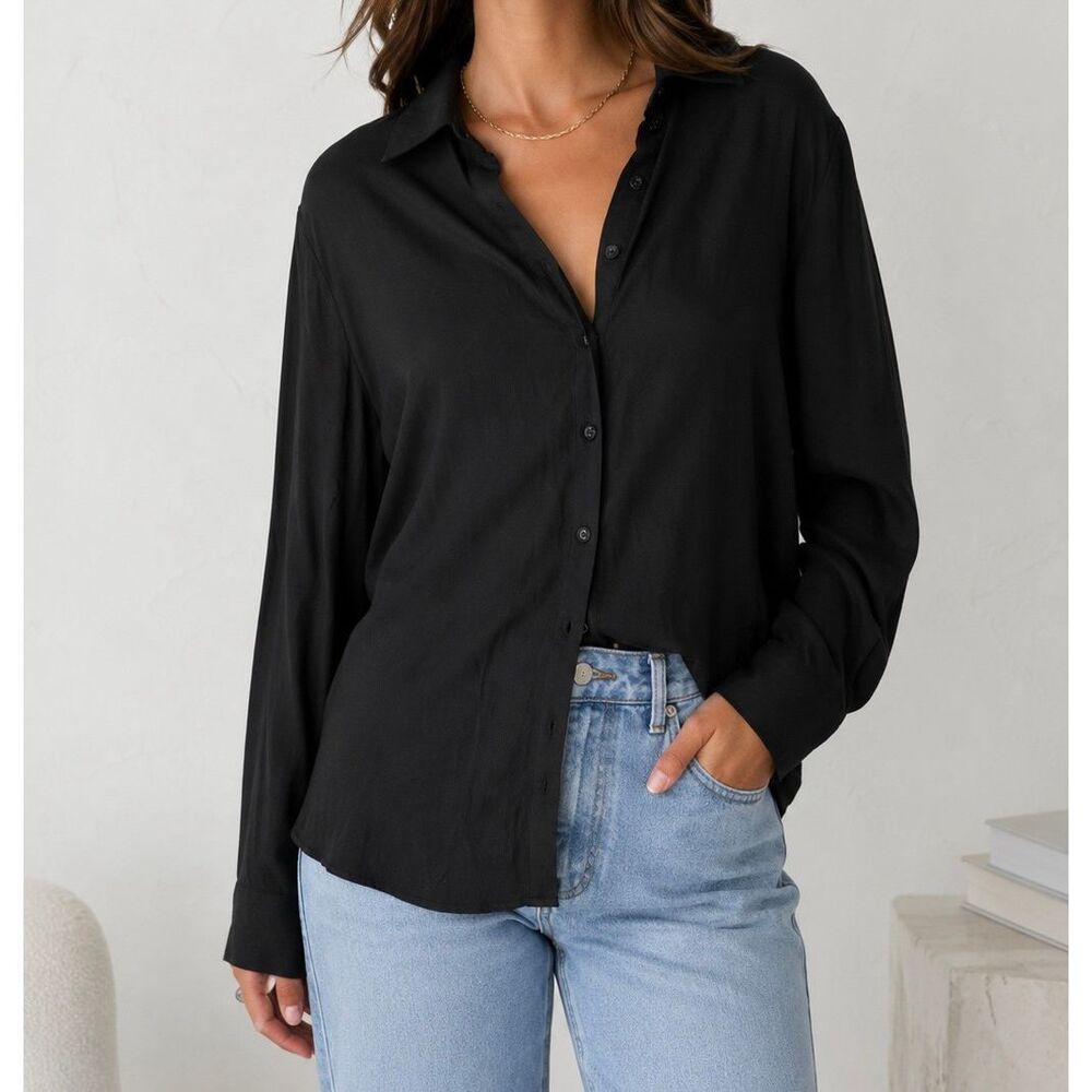 NWT Princess Polly Chloe Set Black Button Front Shirt US 2 AU 6